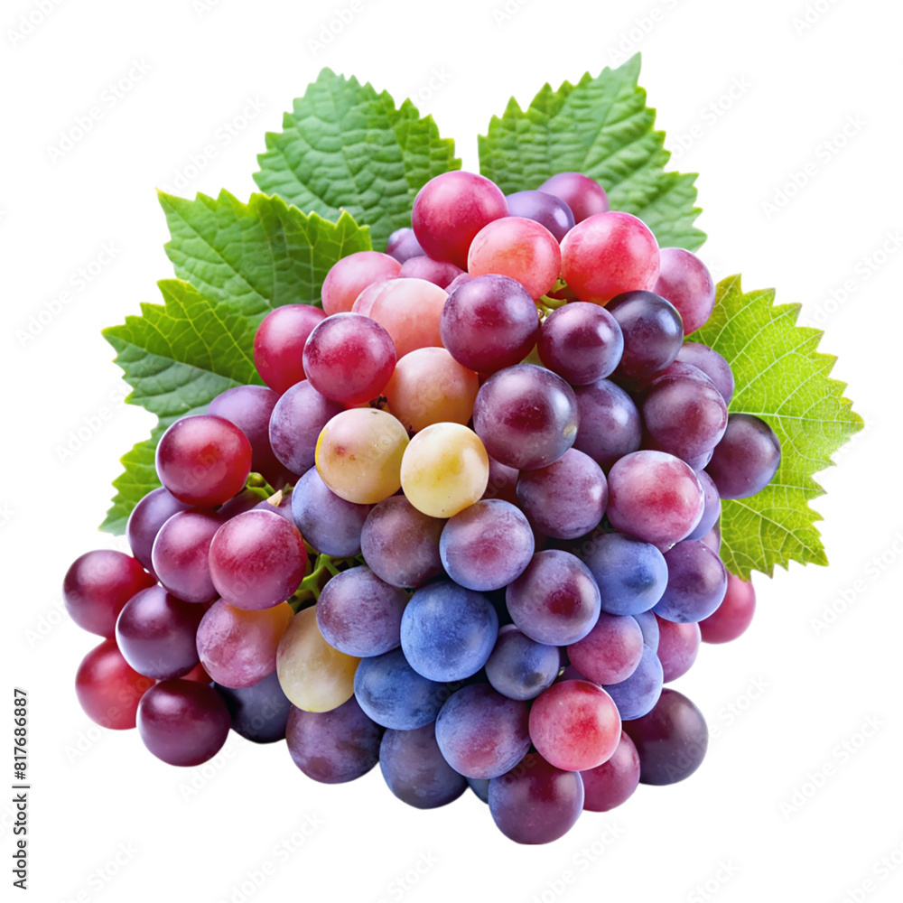 Fototapeta premium A bunch of grapes with leaves isolated on transparent background