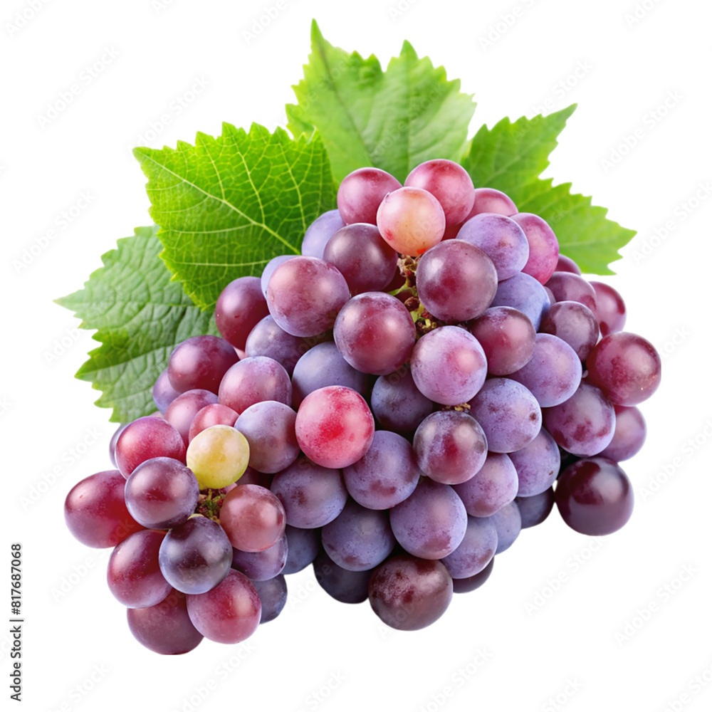 Fototapeta premium A bunch of grapes with leaves isolated on transparent background