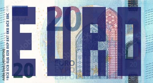 Vector obverse high polygonal pixel mosaic banknote of European Union. Front side. Denominations of bill 20 euro. Game money of flyer.