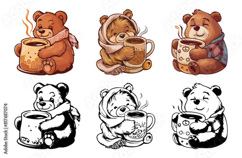 Bear cuddling a coffee mug warmly vector, Generative AI
