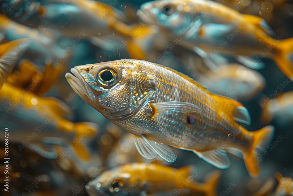 Herring fish in a school, representing vital components of marine ecosystems. Herring fish in a school, representing vital components of marine ecosystems.