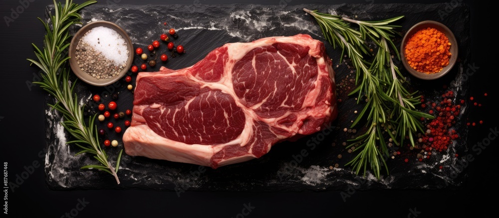 A copy space image of a raw beef bone rib steak is displayed on a black board embellished with herbs and spices
