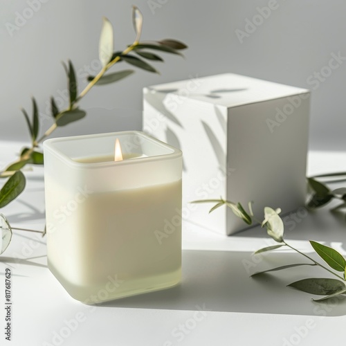 Elegant White Candle Mockup with Glass Container, Perfect for Spa and Relaxation Copyspace