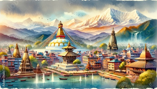 watercolor painting showcases significant landmarks of Nepal, including the Swayambhunath Stupa, Pashupatinath Temple, and Boudhanath Stupa, with the majestic Himalayas in the background.