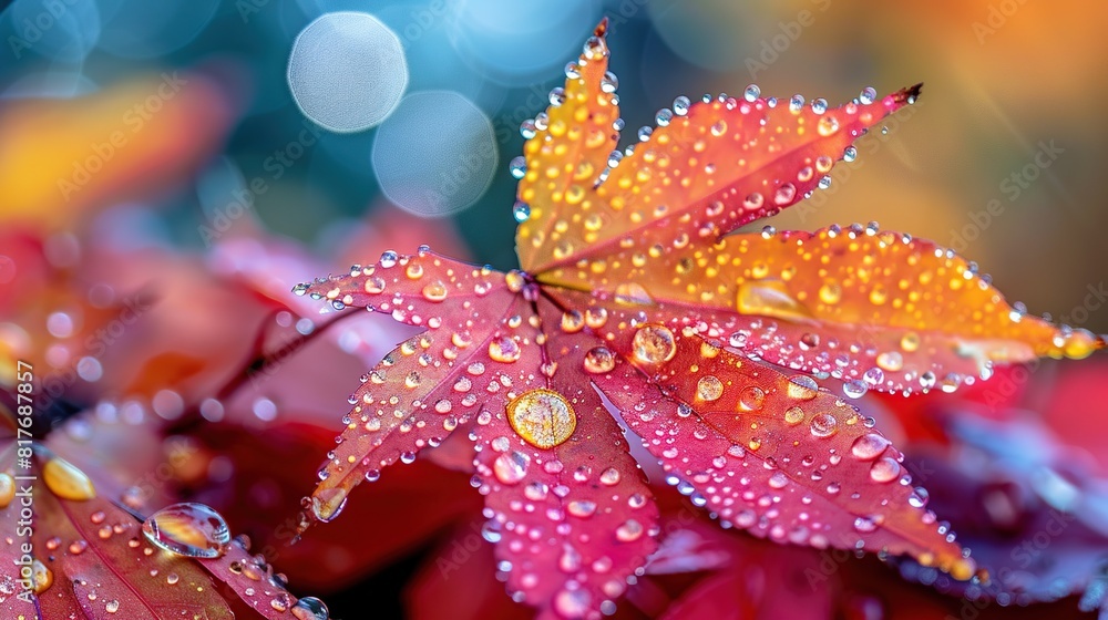 Bright orange autumn leaves with glittering raindrops, reflecting dazzling colors Bright orange autumn leaves with glittering raindrops, reflecting dazzling colors