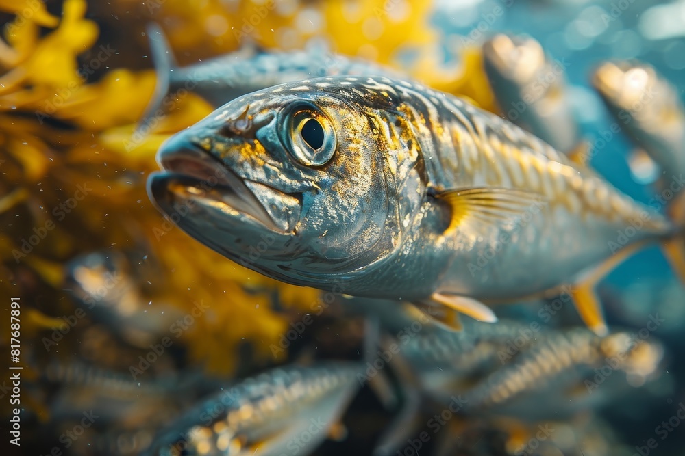 Herring fish in a school, representing vital components of marine ecosystems. Herring fish in a school, representing vital components of marine ecosystems.