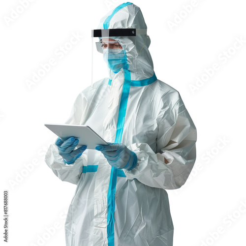 Lab worker in protective clothing holding tablet, transparent background