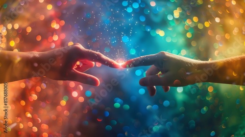 Two Fingers Touching with Bright Spark, Pride Theme, Cinematic Rainbow Background.