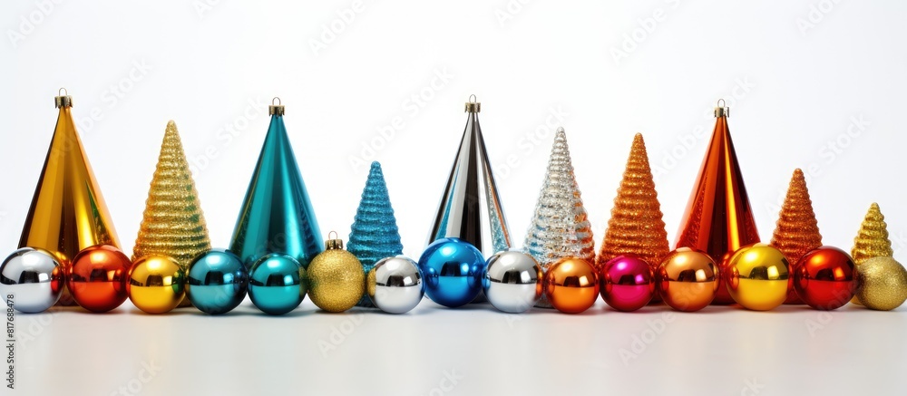 Obraz premium A cone filled with gleaming Christmas ornaments against a pristine white backdrop allowing for the inclusion of additional content