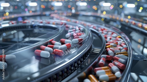 Futuristic pill production scene with high gloss and reflective surfaces, highlighting the advanced technology in pharma industries