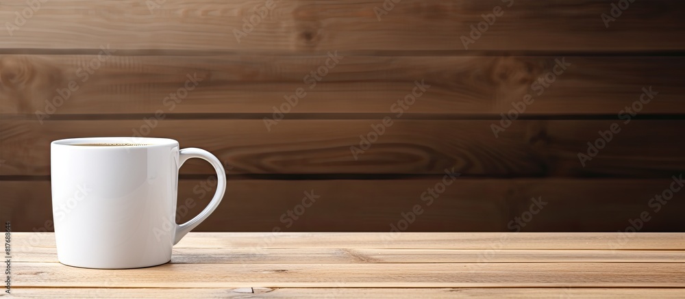 A copy space image of a white cup filled with coffee placed on a wooden table A copy space image of a white cup filled with coffee placed on a wooden table