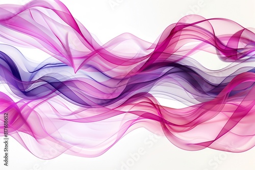 Dynamic pattern of swirling ribbons in shades of pink and purple emerging on a solid white background.