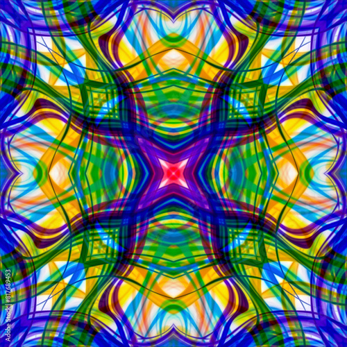 Fotografija Psychedelic star-shaped kaleidoscope in blue and yellow, fluid art background