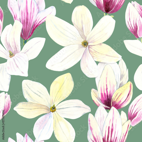 Seamless pattern of watercolor Magnolia blooming flowers. Hand drawn illustration. Botanical hand painted floral elements. On green  background. For print decoration  fabric  wallpaper wrapping