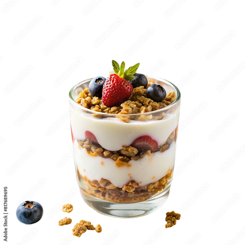 A glass of yogurt with granola and berries isolated on transparent background A glass of yogurt with granola and berries isolated on transparent background