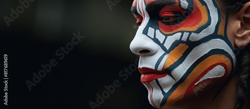 A man with face paint stands outdoors in a horizontal close up photo with copy space photo