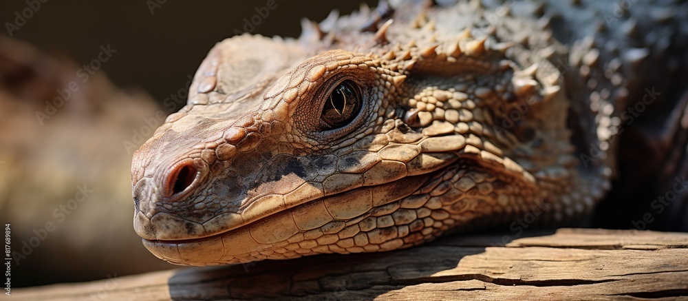Reptile s head rests on a piece of brown dry wood creating a peaceful image. Creative banner. Copyspace image Reptile s head rests on a piece of brown dry wood creating a peaceful image. Creative banner. Copyspace image