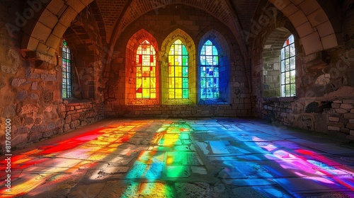 Sunlight Streaming Through Colorful Stained Glass Windows in Grand Cathedral Interior