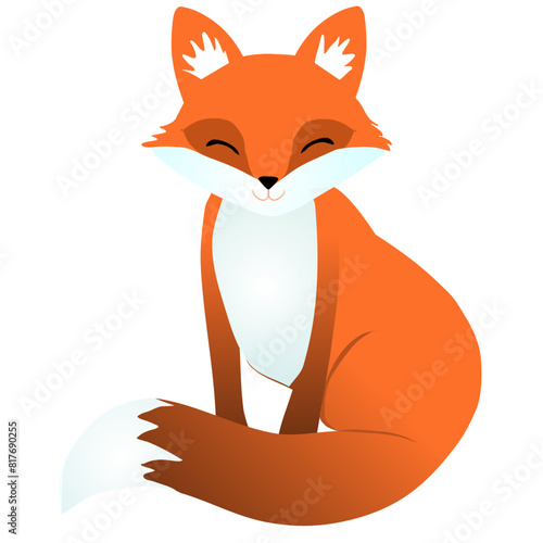 A fox in a sitting position with a fluffy tail in front of it. Pointed ears with white fluff and smiling eyes. Cartoon style of drawing animal mammal. Vector illustration The fox is smiling with a