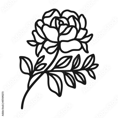 Set of hand drawn minimalistic rose flower, peony, and leaf vector logo elements, icon, and illustration for feminine brand or beauty product (ID: 817690273)