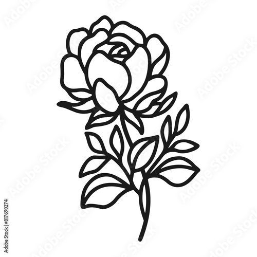 Set of hand drawn minimalistic rose flower, peony, and leaf vector logo elements, icon, and illustration for feminine brand or beauty product (ID: 817690274)