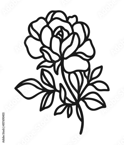 Set of hand drawn minimalistic rose flower, peony, and leaf vector logo elements, icon, and illustration for feminine brand or beauty product (ID: 817690403)