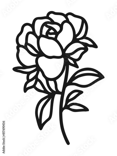 Set of hand drawn minimalistic rose flower, peony, and leaf vector logo elements, icon, and illustration for feminine brand or beauty product (ID: 817690436)