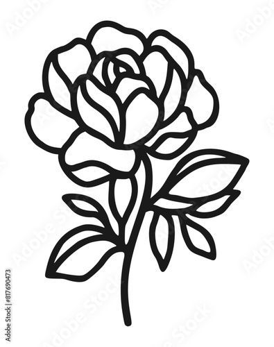 Set of hand drawn minimalistic rose flower, peony, and leaf vector logo elements, icon, and illustration for feminine brand or beauty product (ID: 817690473)