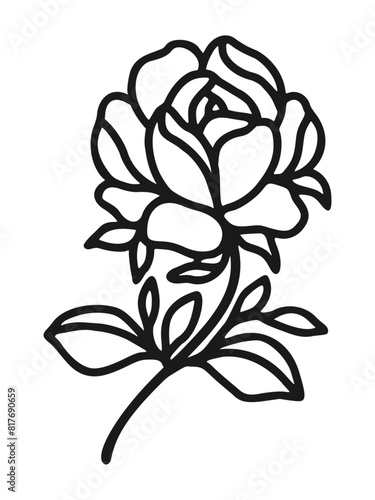 Set of hand drawn minimalistic rose flower, peony, and leaf vector logo elements, icon, and illustration for feminine brand or beauty product (ID: 817690659)