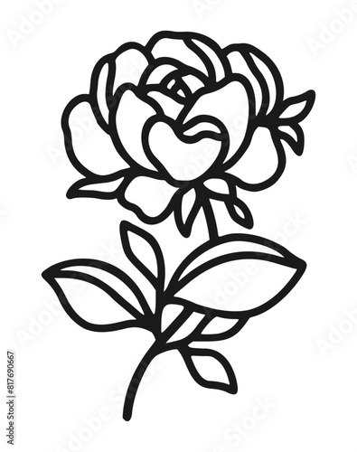 Set of hand drawn minimalistic rose flower, peony, and leaf vector logo elements, icon, and illustration for feminine brand or beauty product (ID: 817690667)
