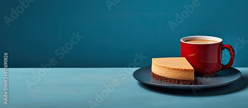 A vintage cup of hot coffee and a cheesecake sit on a blue tray placed on a gray table creating a well composed copy space image photo
