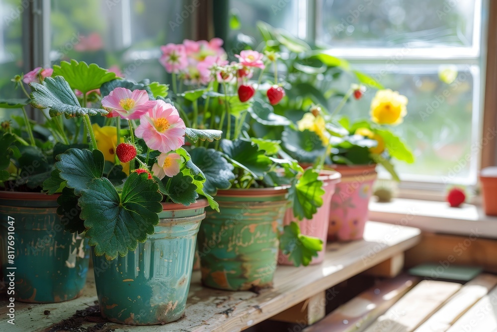 Obraz premium Blooms in DIY strawberry pots in greenhouse