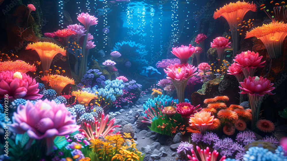 A vibrant underwater scene featuring a variety of colorful corals and marine plants array of bright pink, orange, blue, and purple corals, illuminated by sunlight filtering through the water.