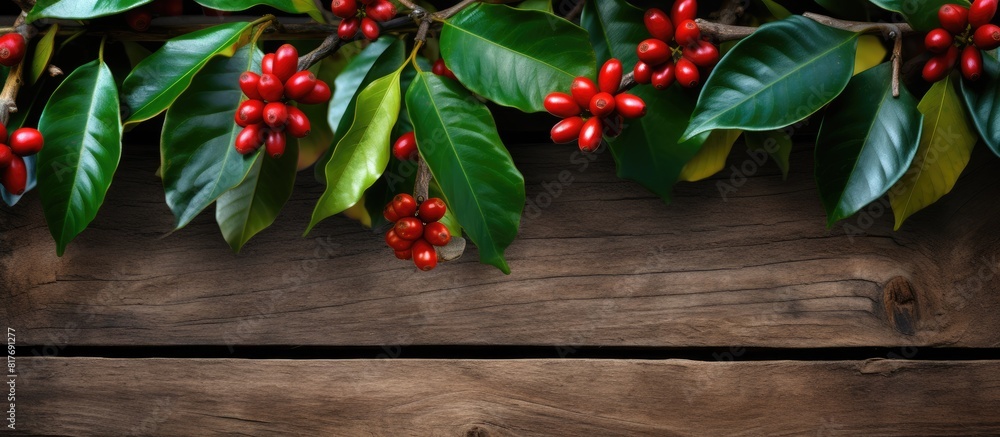 A horizontal macro copy space image showcasing the vibrant leaves and berries of a coffee tree against a rustic wooden background
