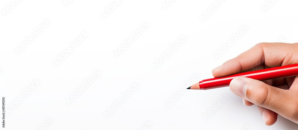 A hand holding a red pen in a copy space image on a white background A hand holding a red pen in a copy space image on a white background