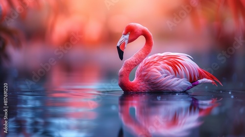 A graceful flamingo standing in a reflective lagoon at sunset, surrounded by a symphony of colors
