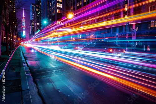 Long exposure shot showcasing car headlights streaking in a city street at night  capturing the dynamic movement and energy of urban traffic