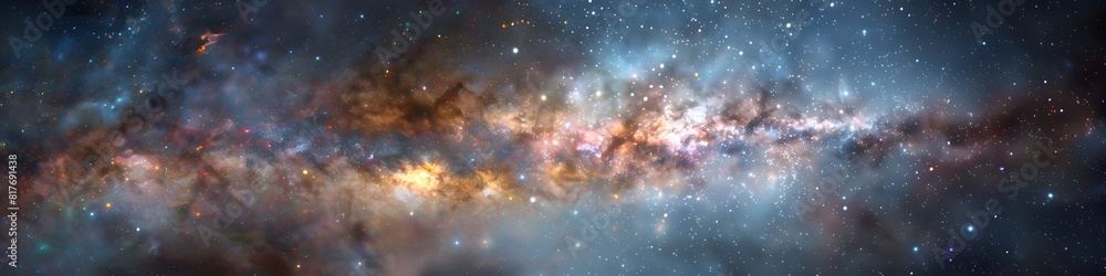 Panoramic astrophotography of visible Milky Way galaxy. Stars, nebula and stardust at night sky Panoramic astrophotography of visible Milky Way galaxy. Stars, nebula and stardust at night sky