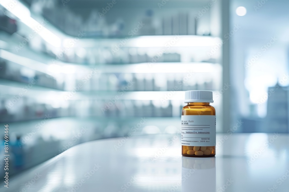 A pill bottle of medicine displayed on a white pharmacy table, showcasing a clean and professional environment
