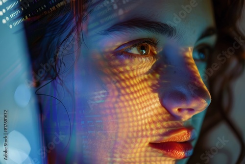 Close-up of a womans face illuminated by a computer monitors soft glow