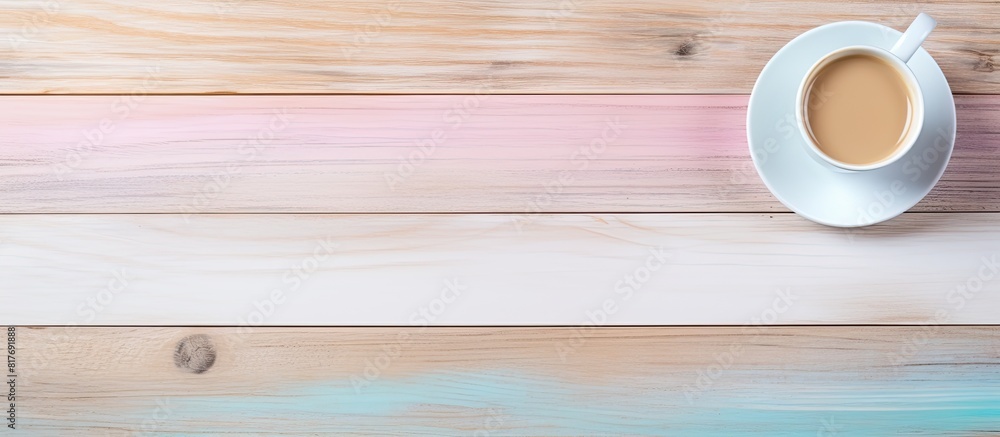 Copy space image featuring a white wood background adorned with pastel colored chalk coffee and a blank white paper Copy space image featuring a white wood background adorned with pastel colored chalk coffee and a blank white paper