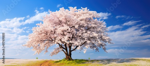 Cherry tree in full bloom with blue sky as the backdrop creating a picturesque scene. Creative banner. Copyspace image