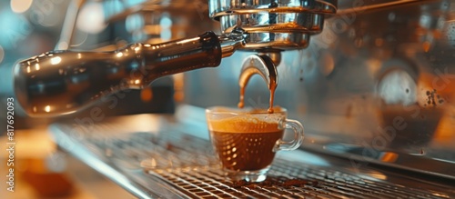 photo of the coffee extraction process from a coffee machine with a portafilter pouring coffee into a cup  Espresso