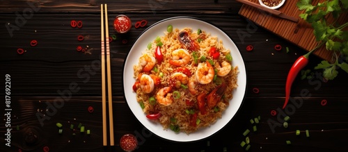 A delicious homemade Chinese dish shrimp and egg fried rice beautifully presented with a copy space image