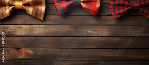 Father s day celebration with a copy space image showcasing stylish bow ties on a rustic wooden background photo