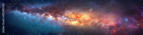 Panoramic astrophotography of visible Milky Way galaxy. Stars, nebula and stardust at night sky