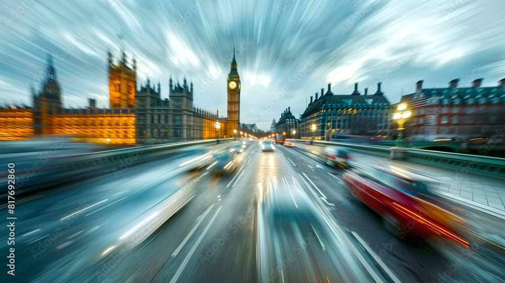 Fototapeta premium Dynamic London streets with motion blur and historic landmarks. Vibrant urban life in a timeless city, captured in a modern style. Perfect for travel and cityscape themes. AI