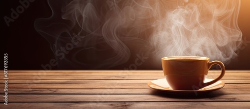 A steamy cup of coffee sitting on a wooden table providing a perfect backdrop for copy space image