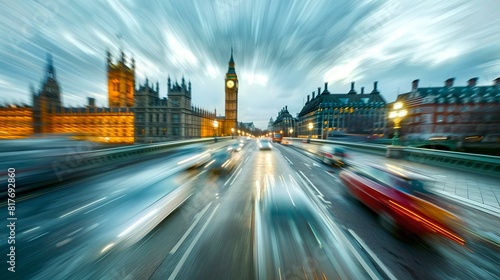 Dynamic London streets with motion blur and historic landmarks. Vibrant urban life in a timeless city, captured in a modern style. Perfect for travel and cityscape themes. AI