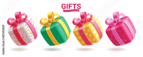 Birthday gifts vector set design. Gifts birthday elements collection in colorful boxes and cute ribbon tie decoration for anniversary, wedding and holiday occasion isolated in white background. Vector